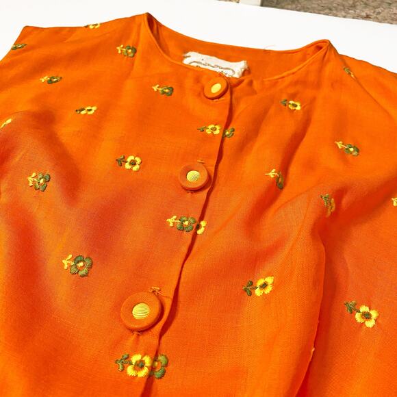 Vintage 1970s Raymodes NY Orange Embroidered Flower Wide Leg Sleeveless Jumpsuit - Picture 3 of 5